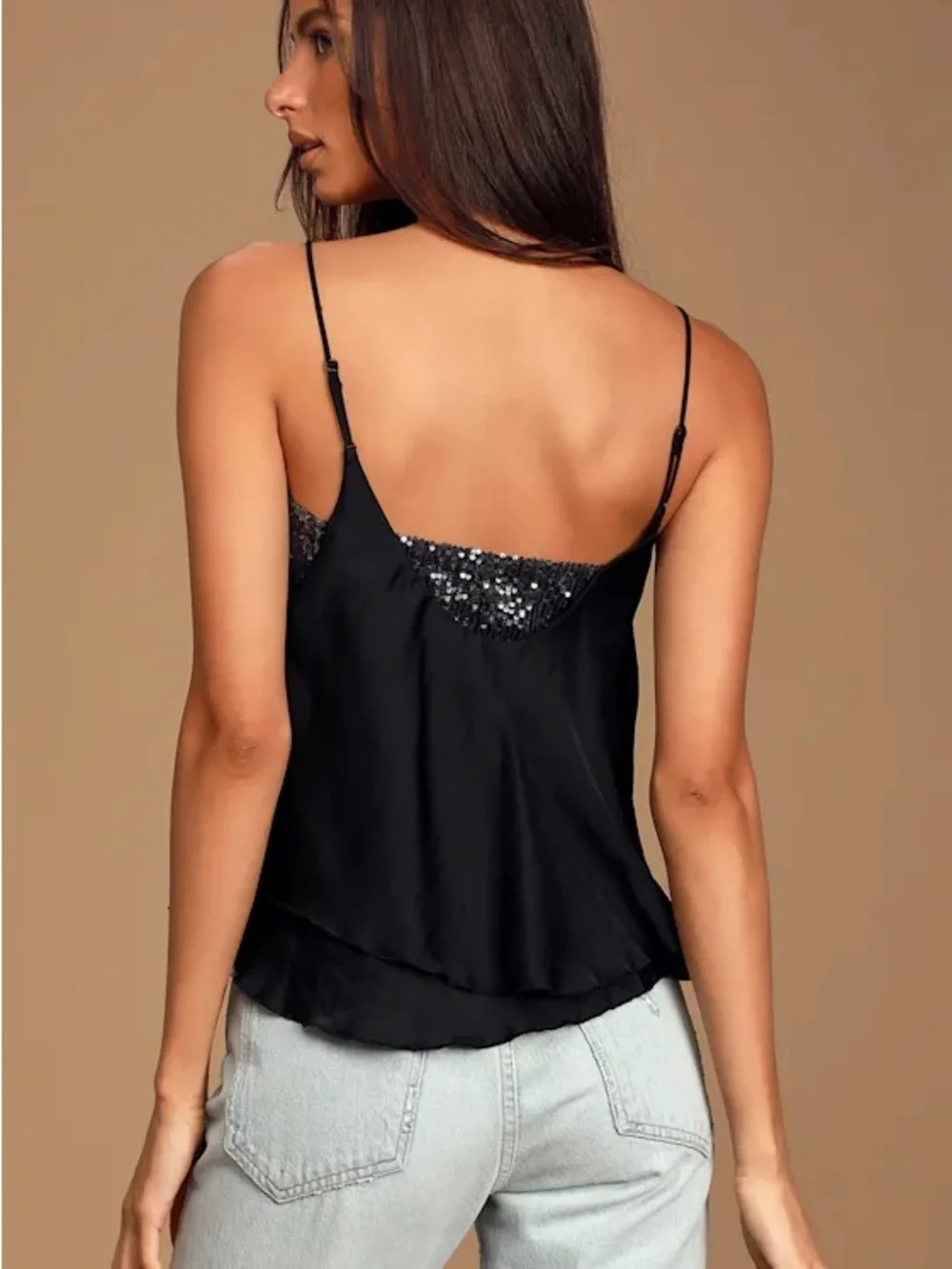 Free People Turn It On Black Sequin Trim Layered Cami Top - Picture 3 of 5